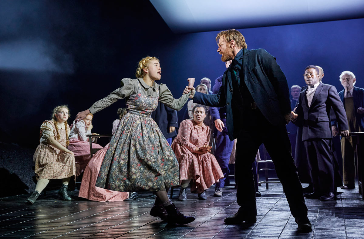 Milly Alcock as Abigail Williams, Brian Gleeson as John Proctor and the cast of The Crucible West End. Credit Brinkhoff-Moegenburg