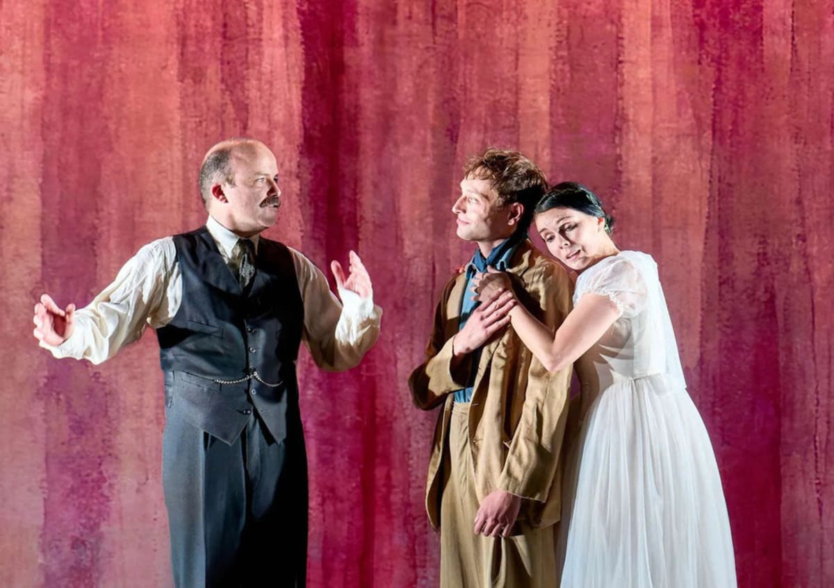 Rory Kinnear, Thomas Flynn, and Natalia Osipova in The Standard of Living. Photo by Manuel Harlan