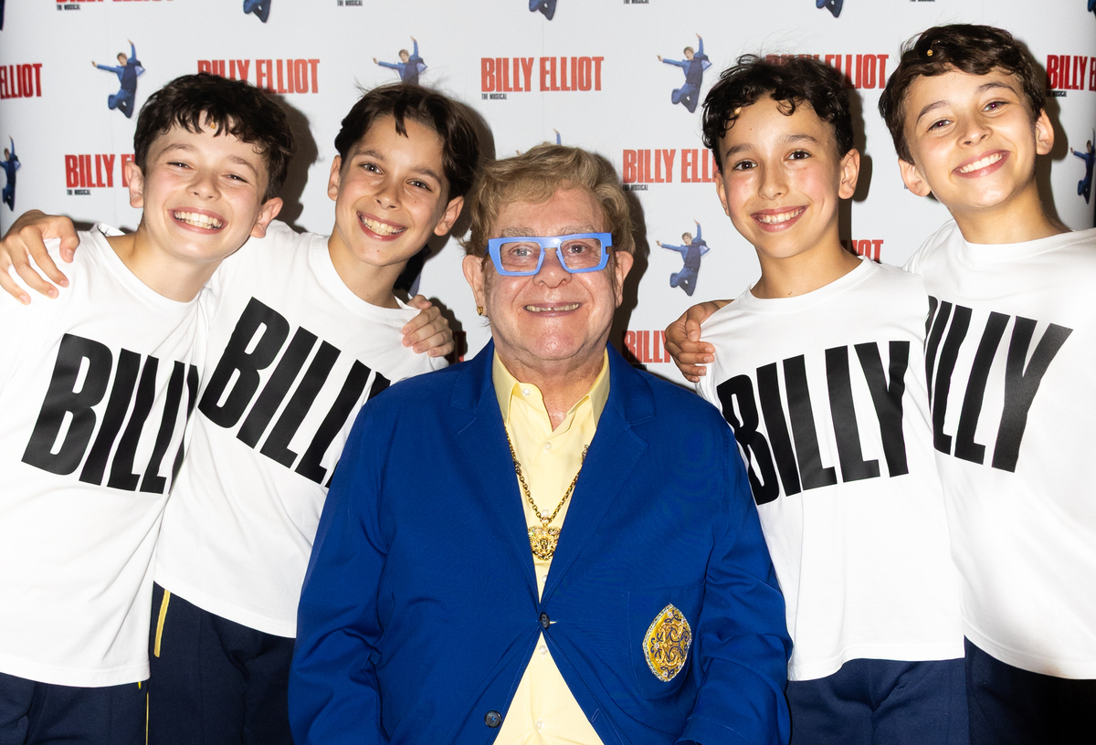 BILLY ELLIOT. William Gurney, Spencer Collins, Elton John, Noah Mannion and Rafferty Smale. Photo Justine Matthew