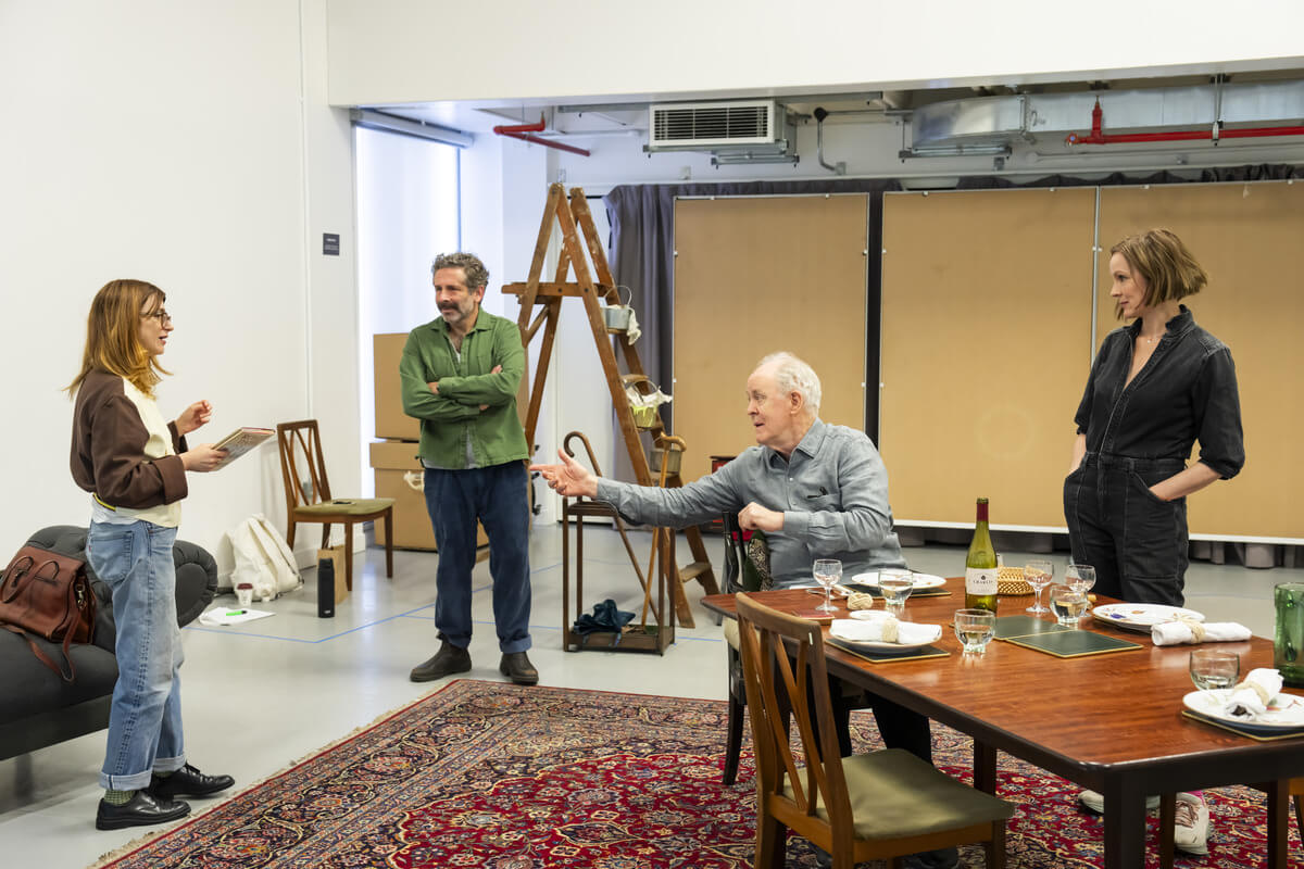Aya Cash, Elliot Levey, John Lithgow, and Rachael Stirling in rehearsals for GIANT at the Harold Pinter Theatre. Photo by Johan Perrson.
