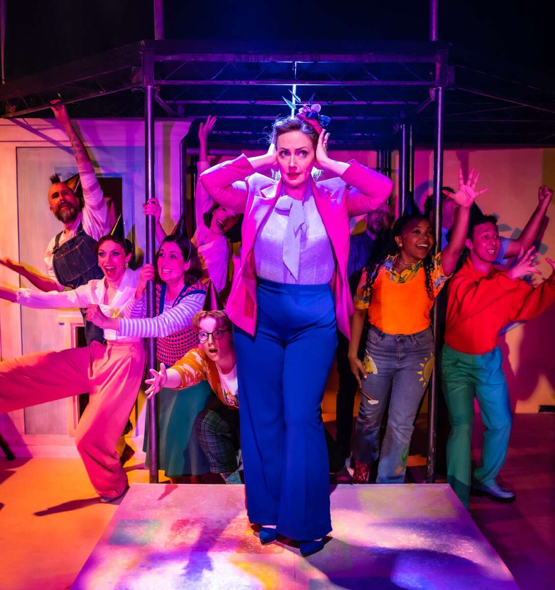 Nathan Taylor, Shane Convery, Kathryn Akin, Hana Ichijo, Teddy Hinde, Alex Young, Samuel Clifford, Marisha Morgan, and Jensen Tudtud, in Anyone Can Whistle at Southwark Playhouse