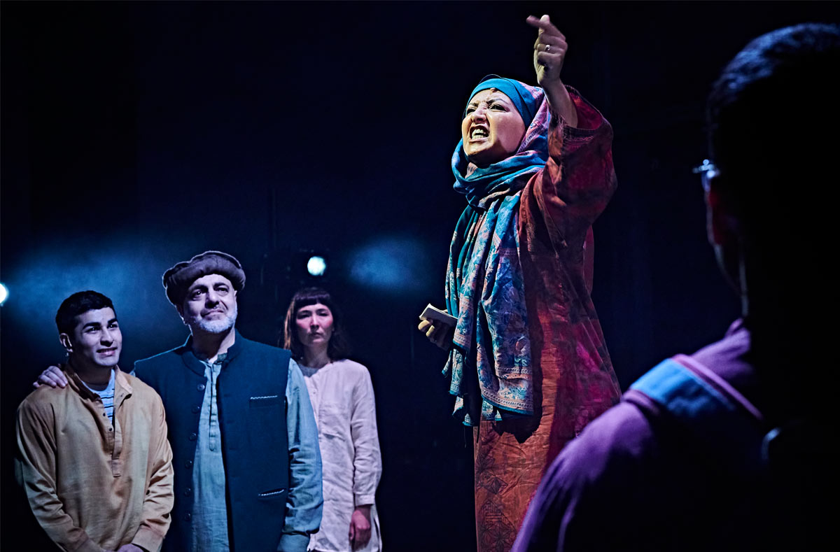 Shamail Ali, Dana Haqjoo, Elaha Soroor, Houda Echouafni in The Boy With Two Hearts at National Theatre. Photo by Jorge Lizalde