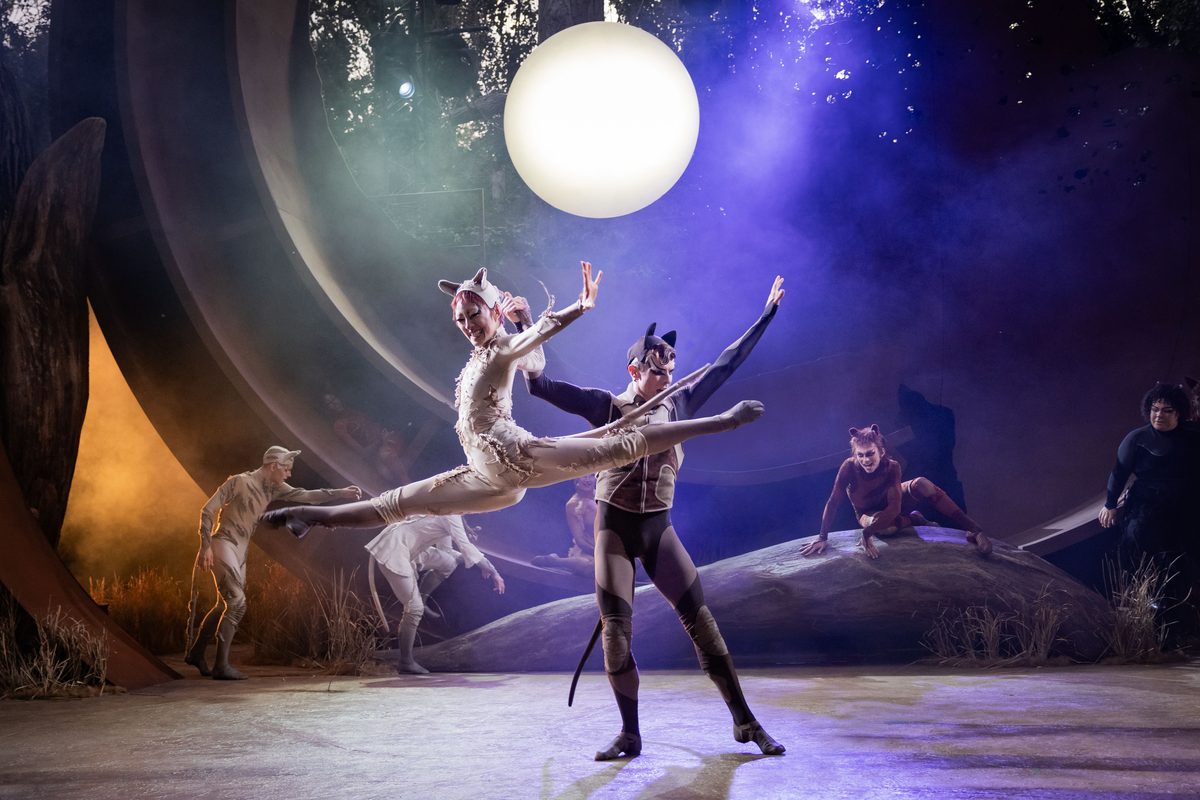 CATS. Patricia Zhou (Cassandra), Jack Wilcox (Munkustrap) and cast. Credit Mark Senior