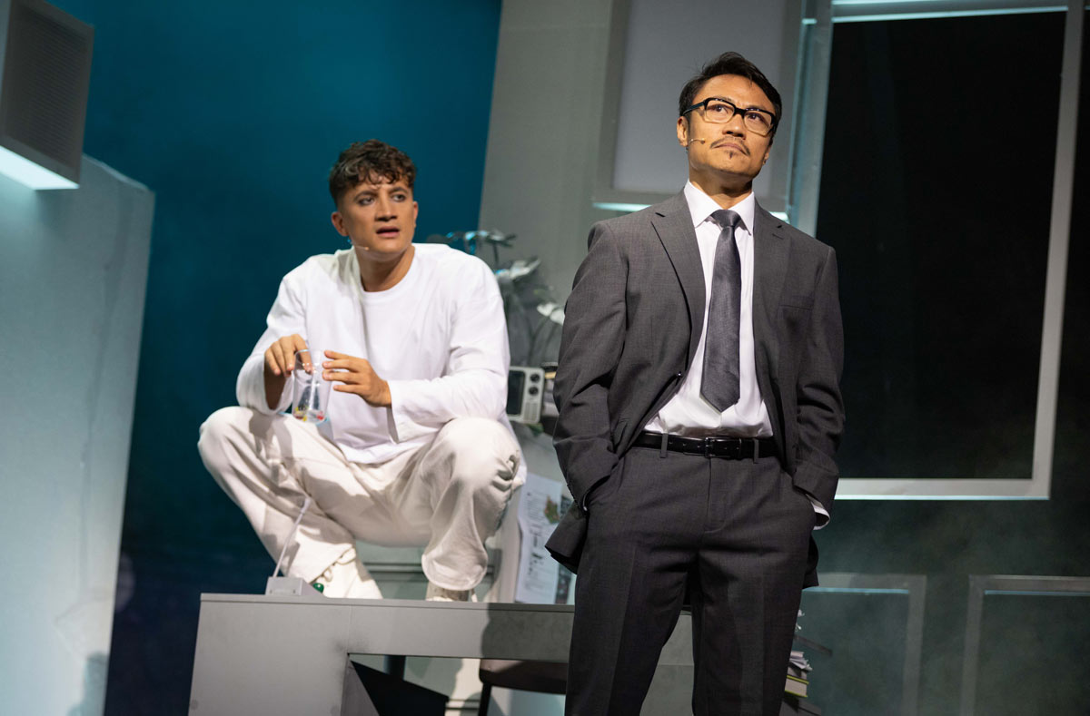 Dean John Wilson (L) and Christian Rey Marbella (Soichiro) in Death Note at the Lyric Theatre. Photo Mark Senior