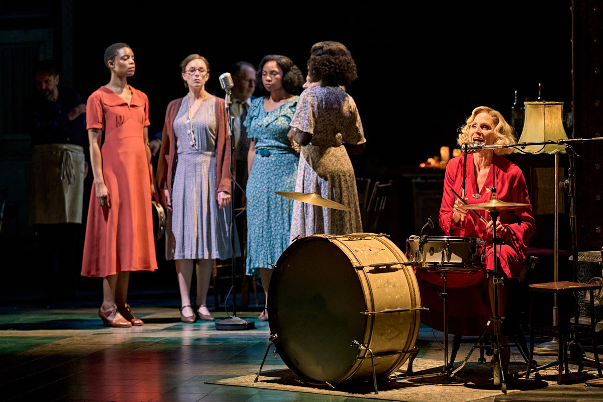 Justina Kehinde (Marianne Laine), Nichola MacEvilly (Ensemble), Frankie hart (Ensemble) and Rebecca Thornhill (Mrs Burke) in Girl from the North Country at The Old Vic (2025). Photo by Manuel Harlan.
