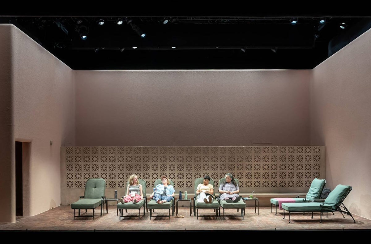 Christina Kirk (Sofi), Kristine Neilsen (Ginnie), Brenda Pressley (Elaine), and Mia Katigbak (Yvette), in Infinite Life at the National Theatre. Photo credit Marc Brenner