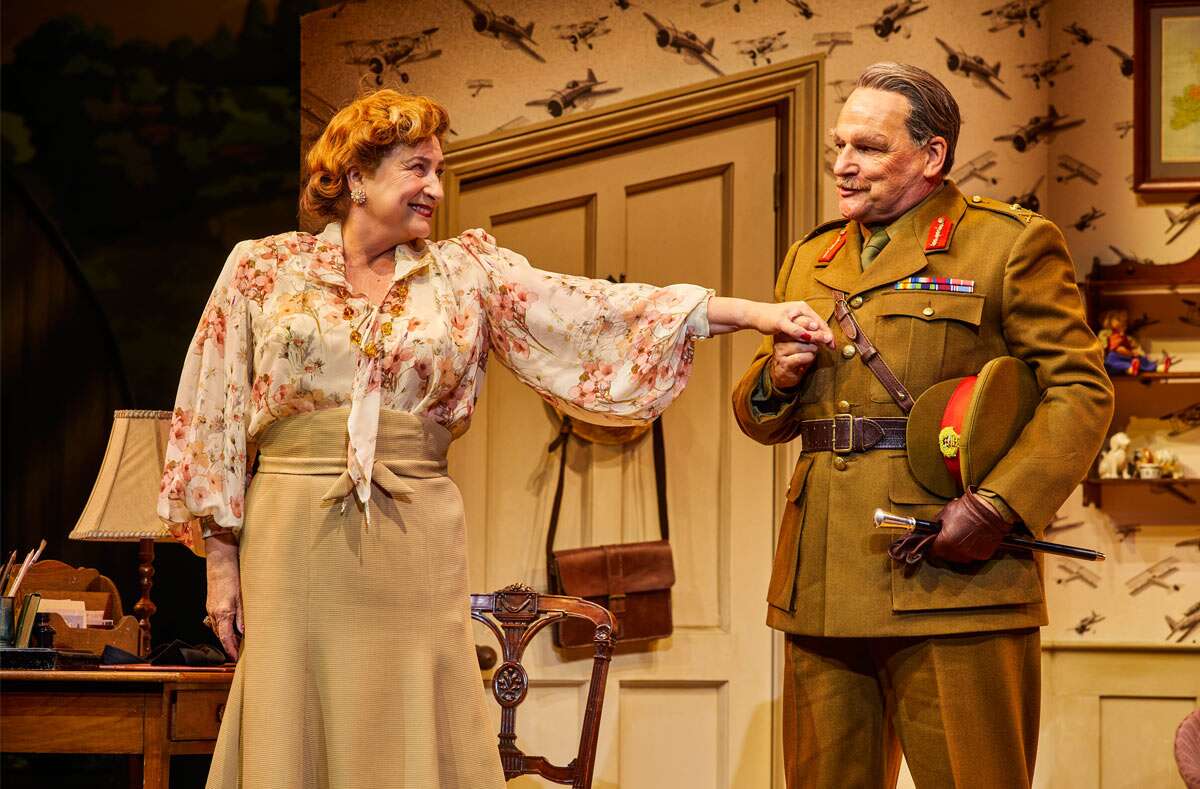 Caroline Quentin (Mrs Malaprop) and Peter Forbes (Anthony Absolute) in Jack Absolute Flies Again at the National Theatre. Photo by Brinkhoff-Moegenburg