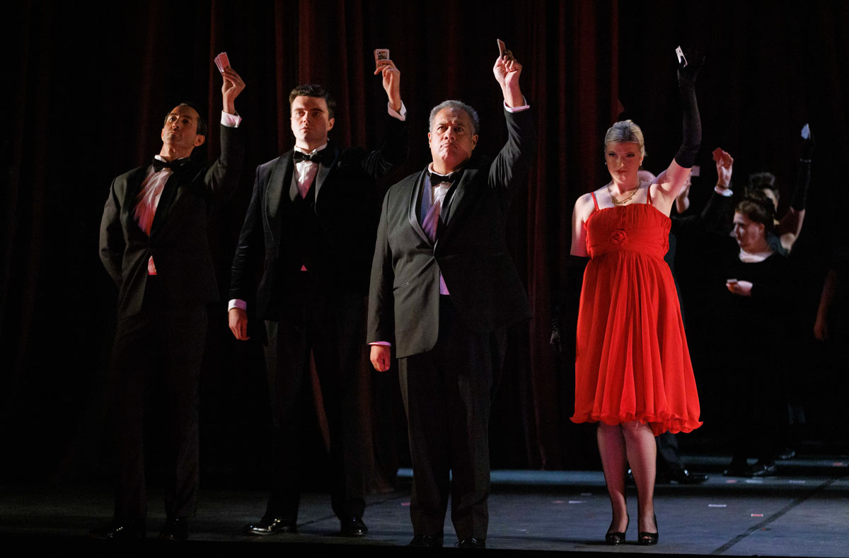 David Webb, Patrick Alexander Keefe, Jonathan Lemalu, Amy Holyland, ENO’s La traviata 2023 © Belinda Jiao
