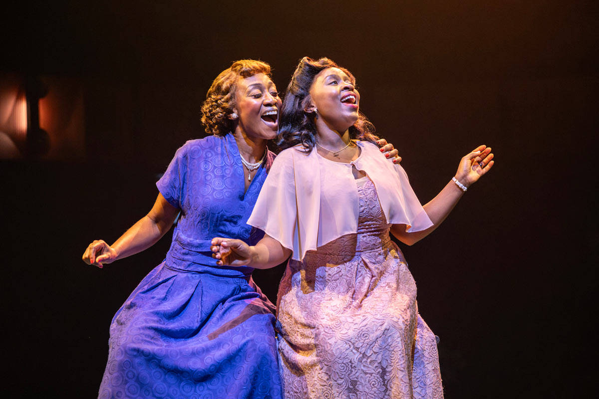Beverley Knight (Sister Rosetta Tharpe) and Ntombizodwa Ndlovu (Marie Knight) in Marie and Rosetta at @sohoplace. credit Johan Persson.