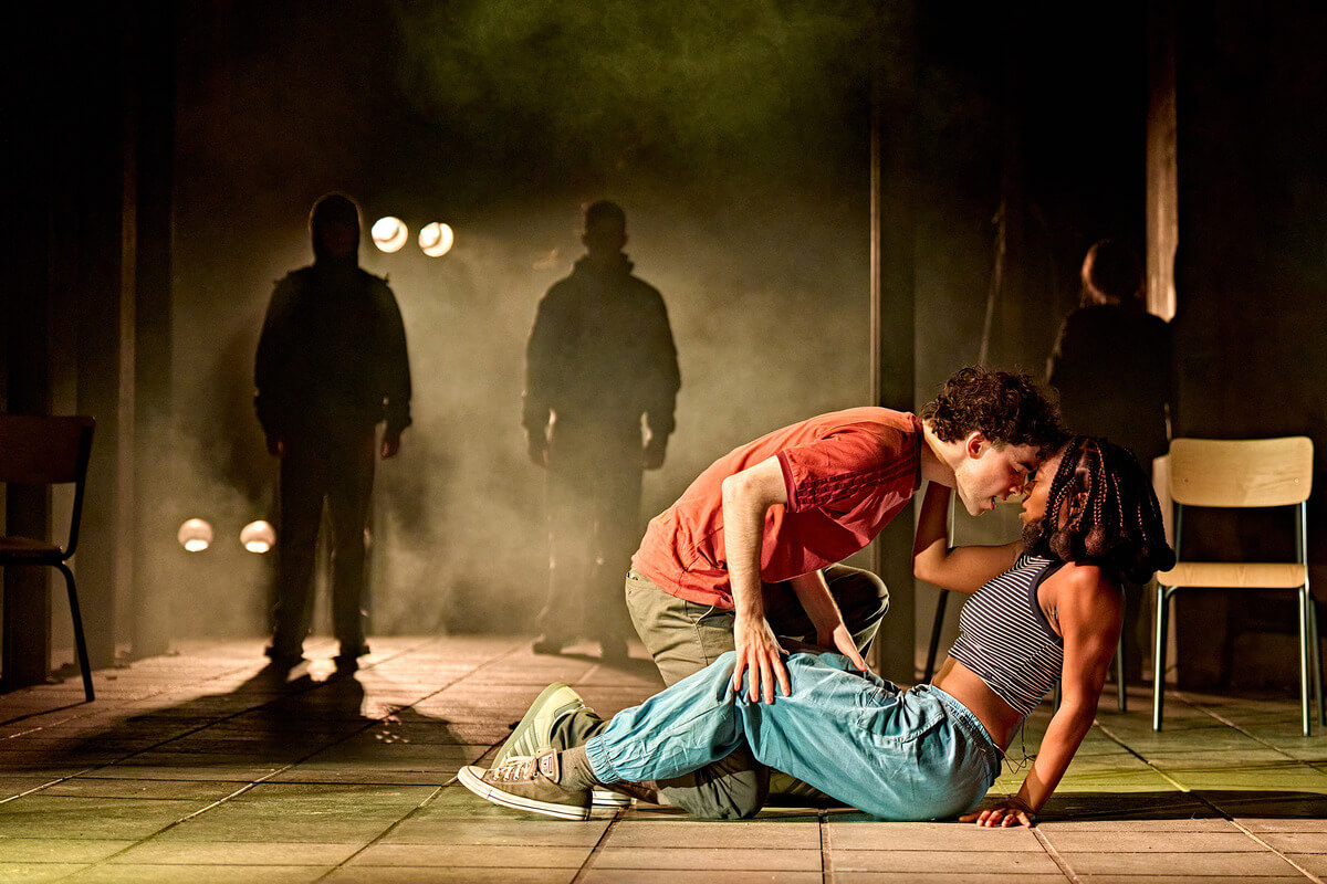 Noah Valentine (Callum) and Corinna Brown (Sephy) in Noughts &amp; Crosses. Credit Manuel Harlan.