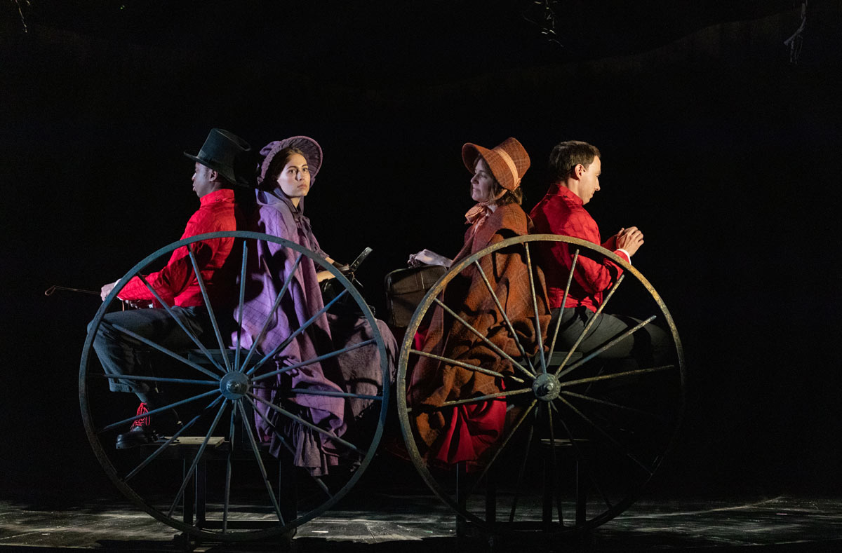 Kwaku Mills (Ensemble), Rhiannon Clements (Anne Brontë), Gemma Whelan (Charlotte Brontë) and Nick Blakeley (Ensemble) in Underdog: The Other Other Brontë at the National Theatre (c) Isha Shah