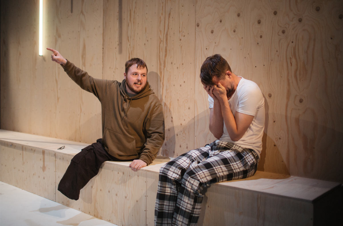 Callum Mardy and Joe Bolland in Paper Cut at Park Theatre. Photo credit Stefan Hanegraaf