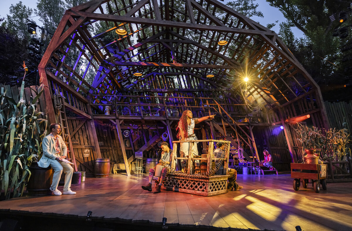 Matthew Seadon-Young as Gordy and Georgina Onuorah as Lulu in Shucked at Regent’s Park Open Air Theatre. (c) Pamela Raith