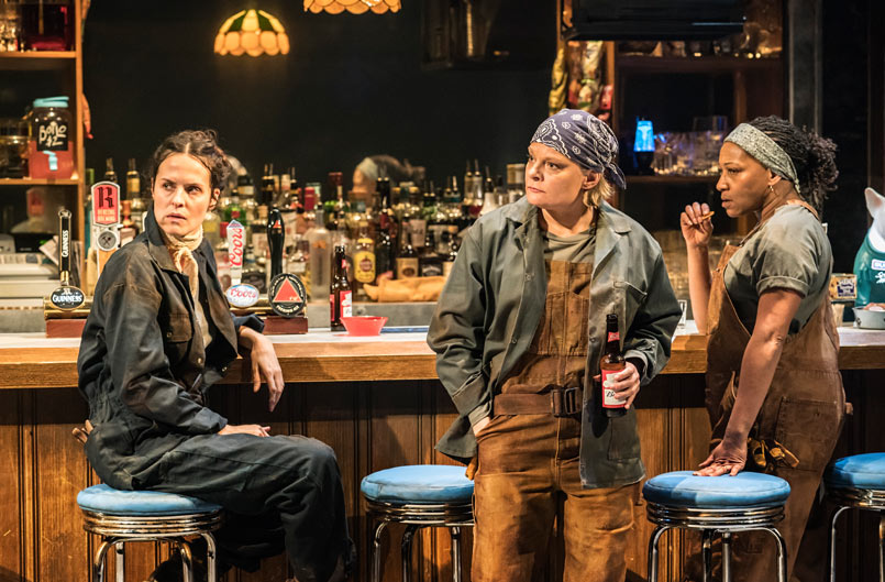 Leanne Best, Martha Plimpton and Clare Perkins in Sweat at the Donmar Warehouse directed by Lynette Linton, designed by Frankie Bradshaw. Photo Johan Persson