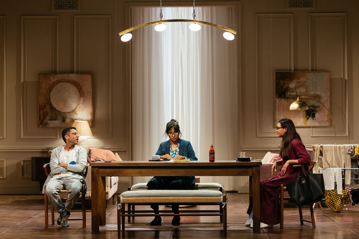 Adeel Akhtar (Angad), Thusitha Jayasundera (Gyan) and Shelley Conn (Malicka) in The Estate at the National Theatre. Photographer Helen Murray.