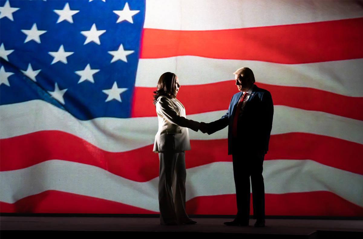 Tamara Tunie (Kamala Harris) and Bertie Carvel (Donald Trump) in The 47th at The Old Vic. Photo by Marc Brenner