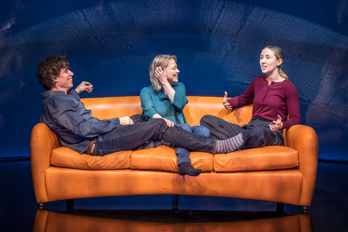 Stephen Mangan (Nick), Nicola Walker (Polly) and Erin Doherty (Kate) in Unicorn. Credit Marc Brenner
