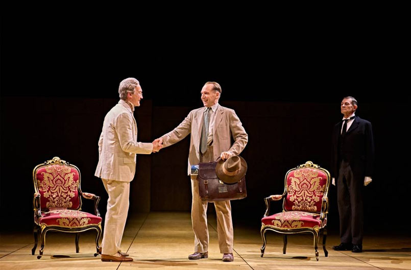 Guy Paul (Henry Vanderbilt) and Ralph Fiennes (Robert Moses) in Straight Line Crazy at the Bridge Theatre. Photo by Manuel Harlan.